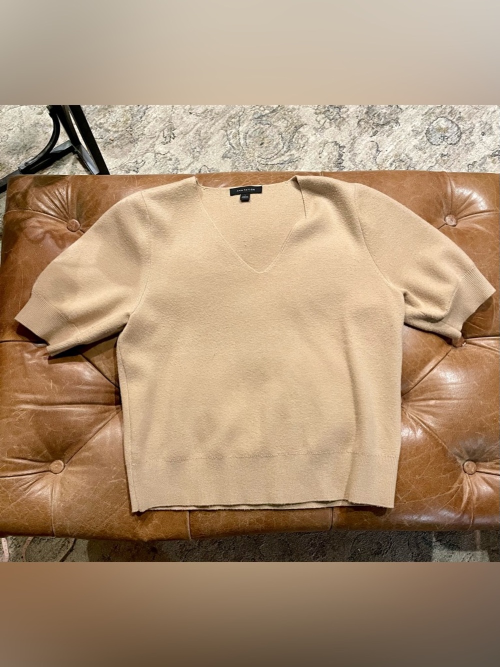 Ann Taylor Tan Puff Sleeve Crewneck Sweater